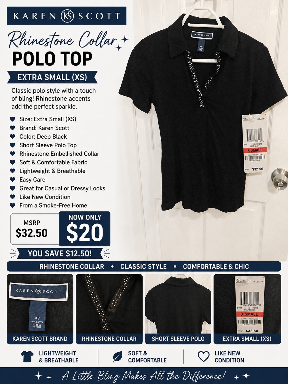 Karen Scott Black Rhinestone Collar Polo Top
